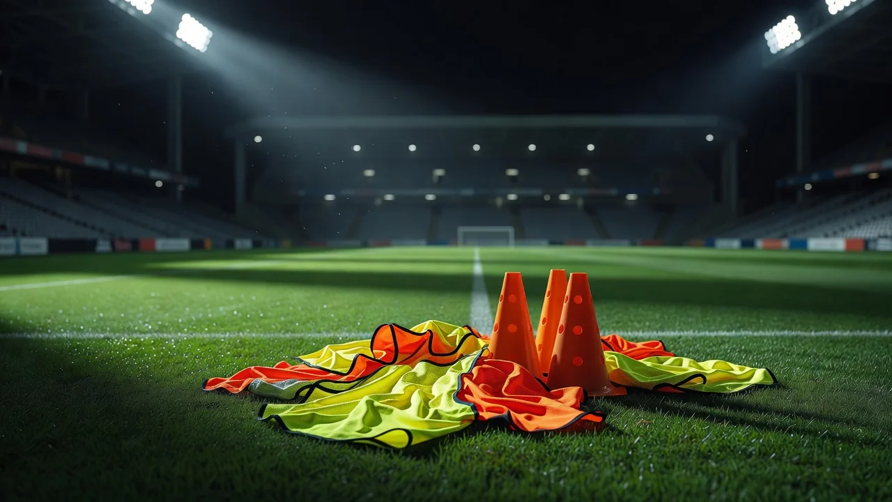 Substitutes warm-up zone with bibs and cones at the touchline