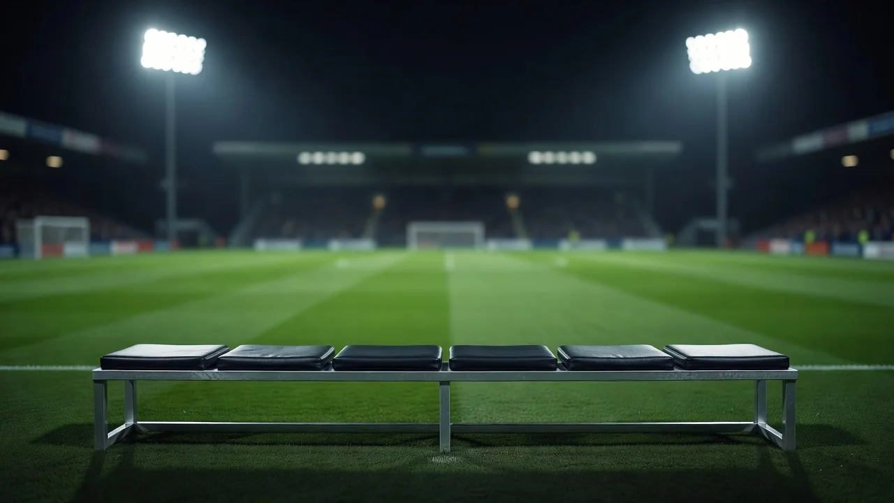 Full substitutes bench under stadium lights before kick-off