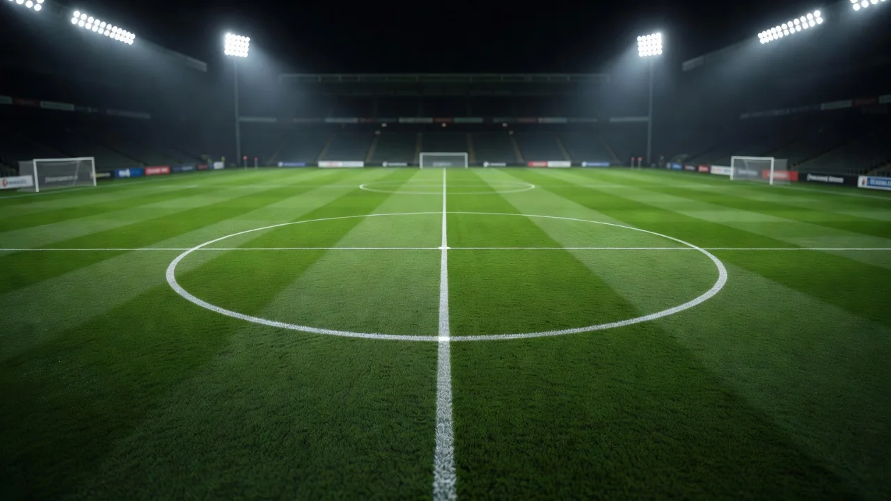 Football pitch centre circle seen from high in the stands
