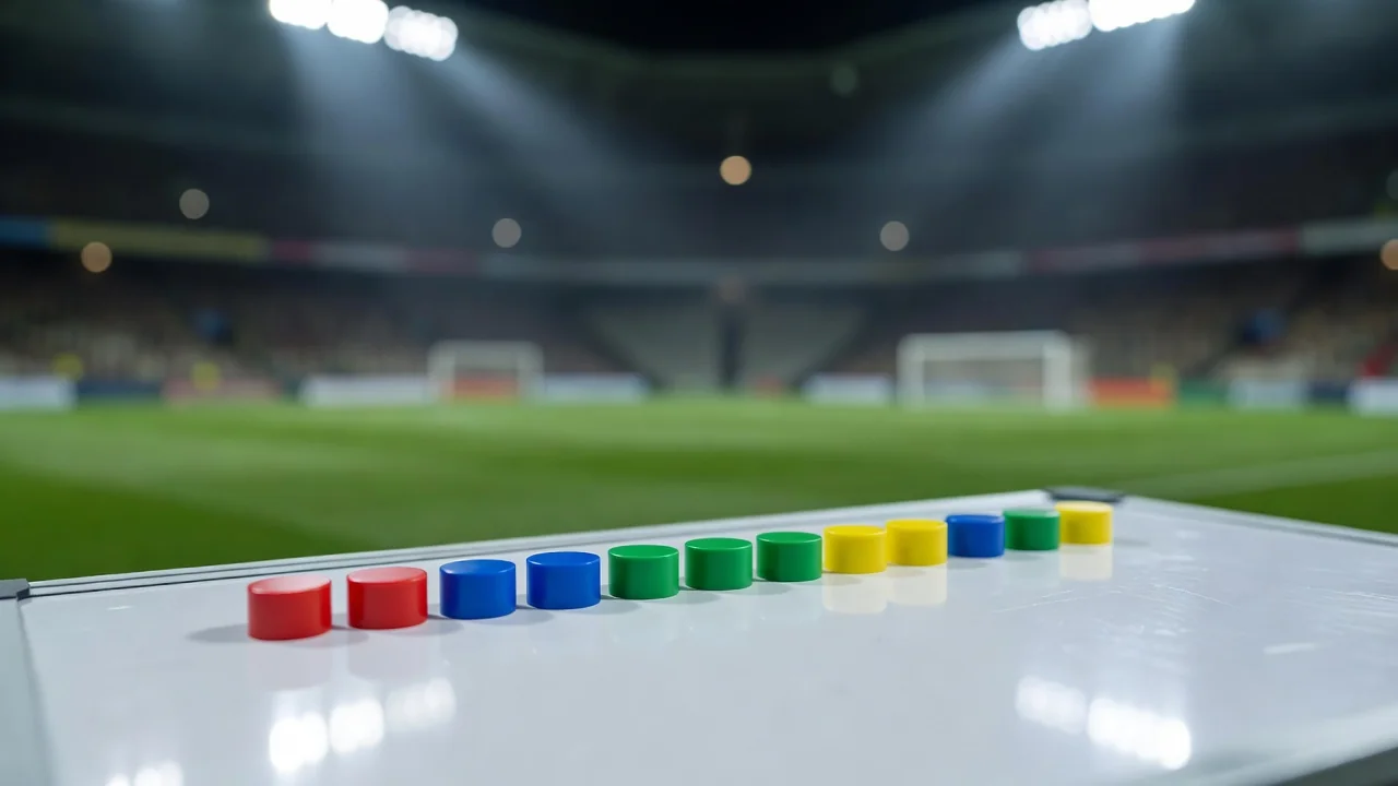 Coloured tactic magnets in a row on a manager whiteboard