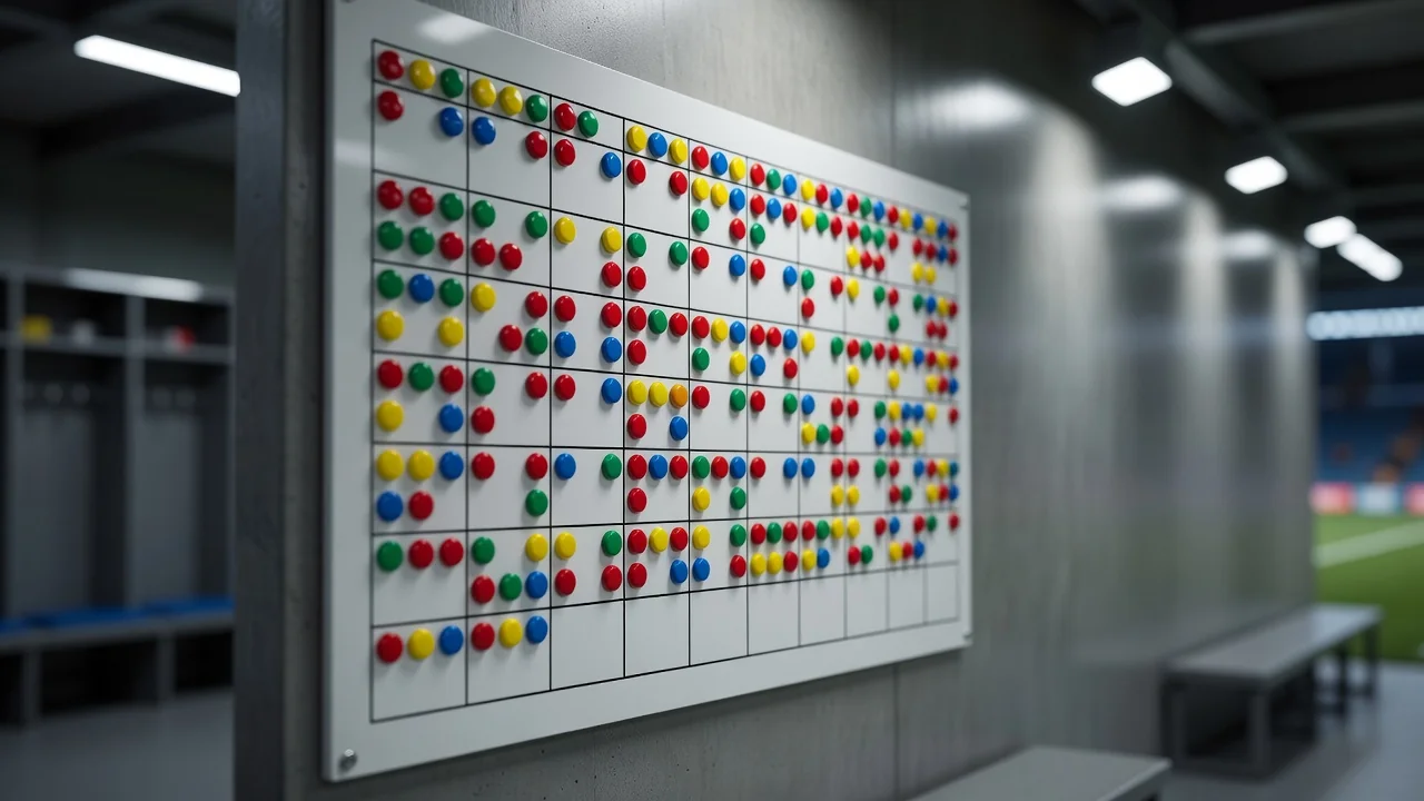 Manager whiteboard with a season calendar marked in magnets