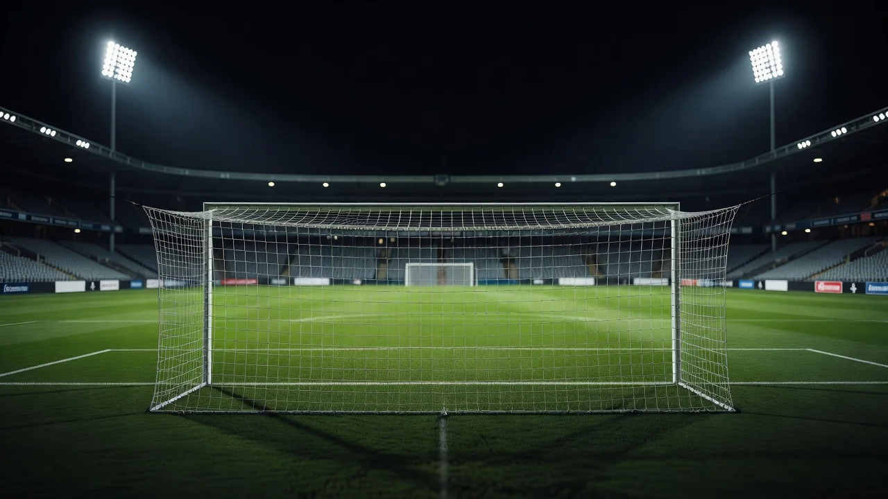 Goal net and crossbar from behind in an empty stadium