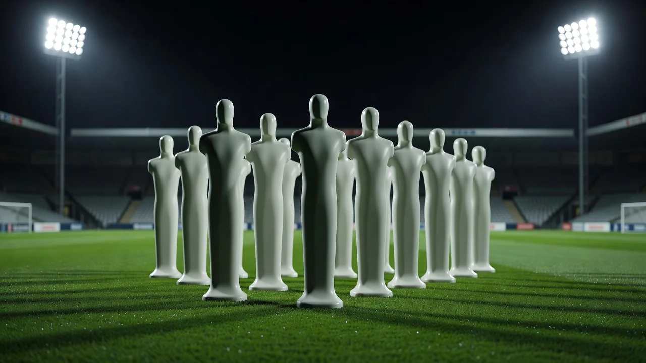 Defensive wall of training mannequins lined up on a pitch