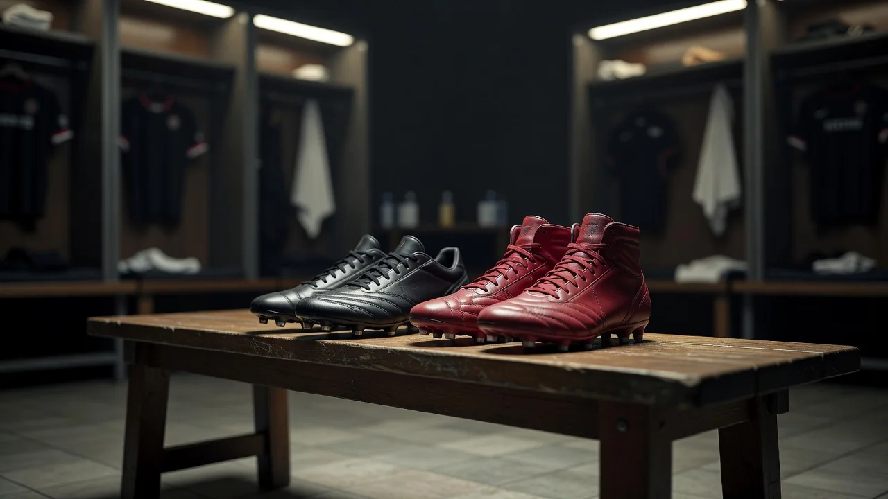 Two pairs of football boots side by side on a dressing room bench