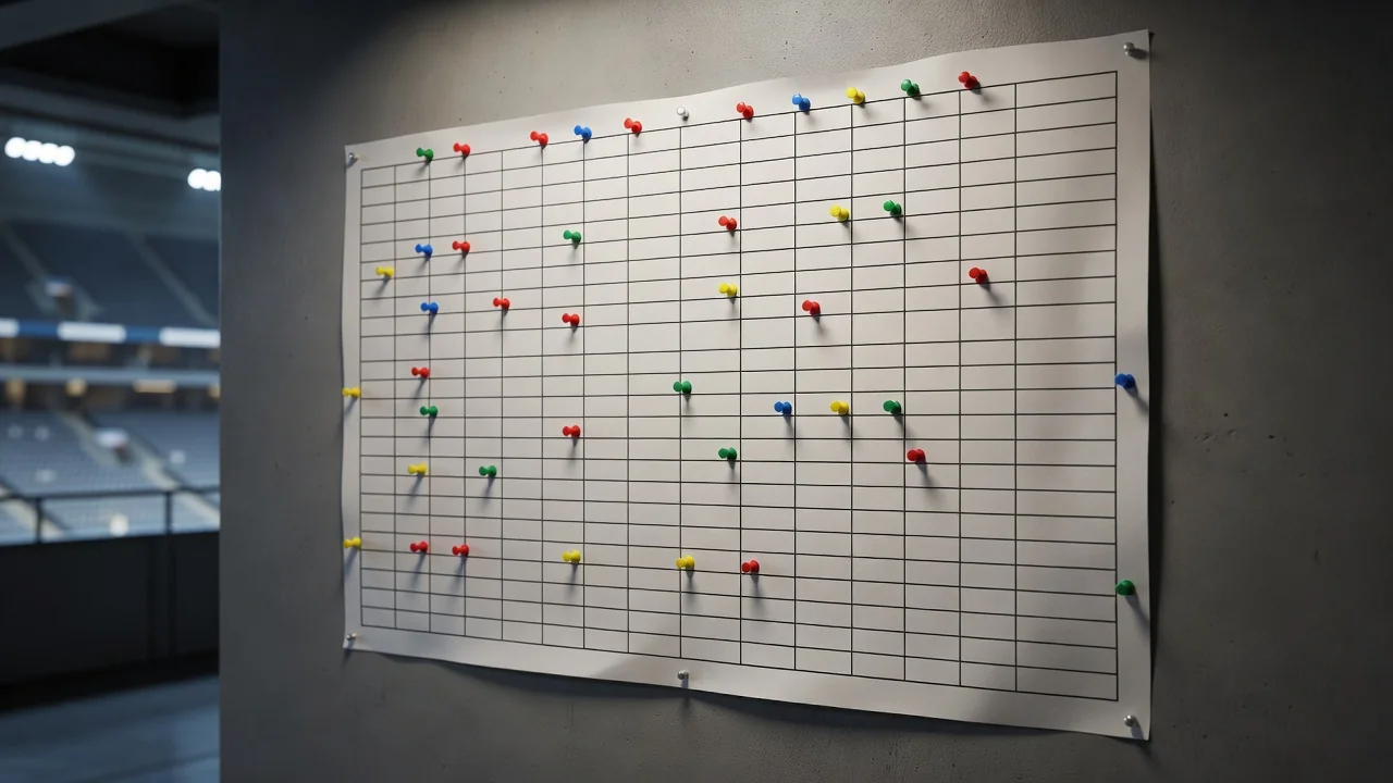 Wall planner with a blank fixture grid and coloured pins