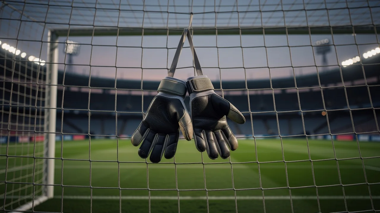 Goalkeeper gloves hanging on a goal net in soft light