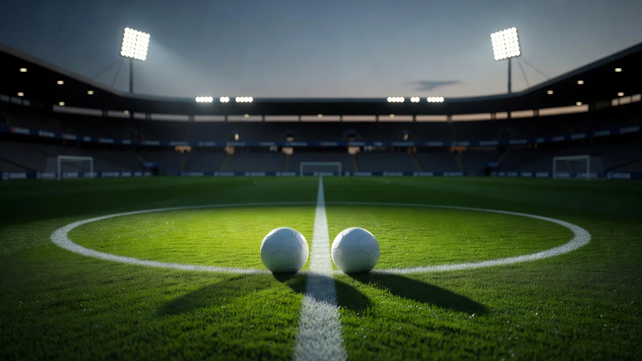 Two match balls on the centre circle under evening floodlights