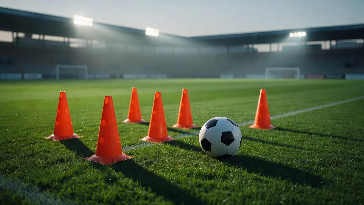 Training cones and a ball on a quiet morning pitch