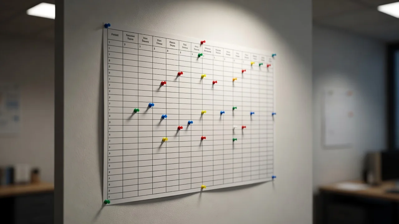 Wall planner with a blank fixture grid and coloured pins in a club office