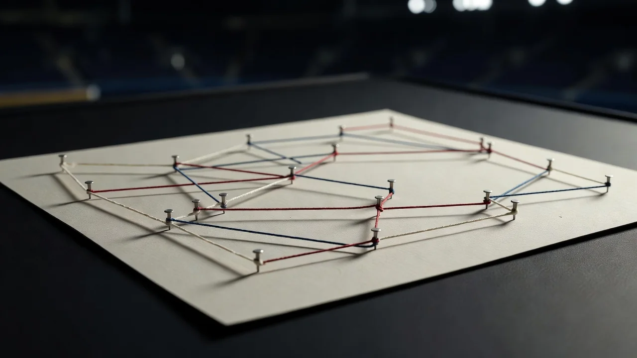 Pins and string marking routes on a blank fixture map