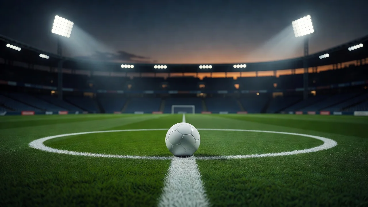 Match ball on the centre circle with floodlights glowing at dusk