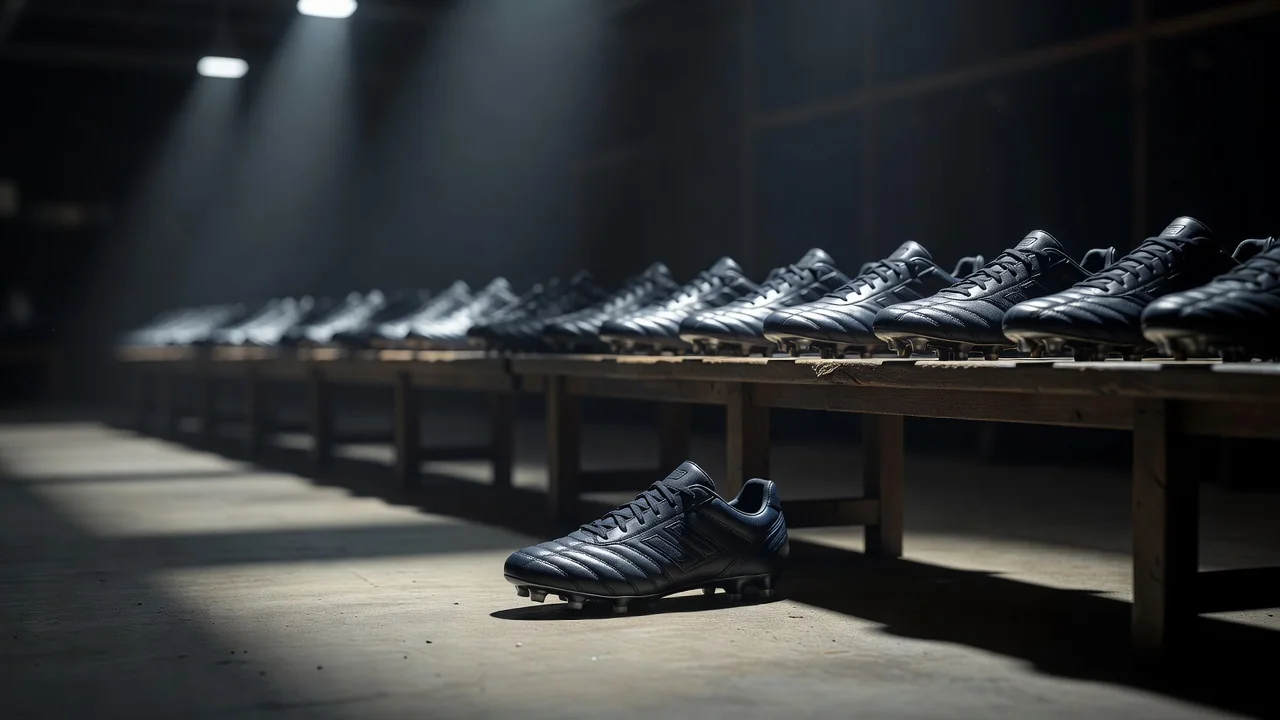 Single football boot apart from a row of boots on a bench