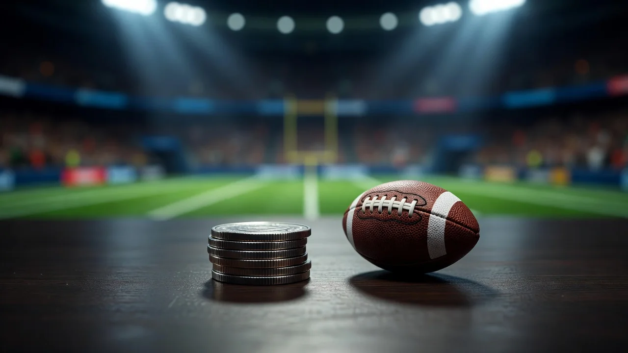 Coins stacked beside a miniature football on a dark table