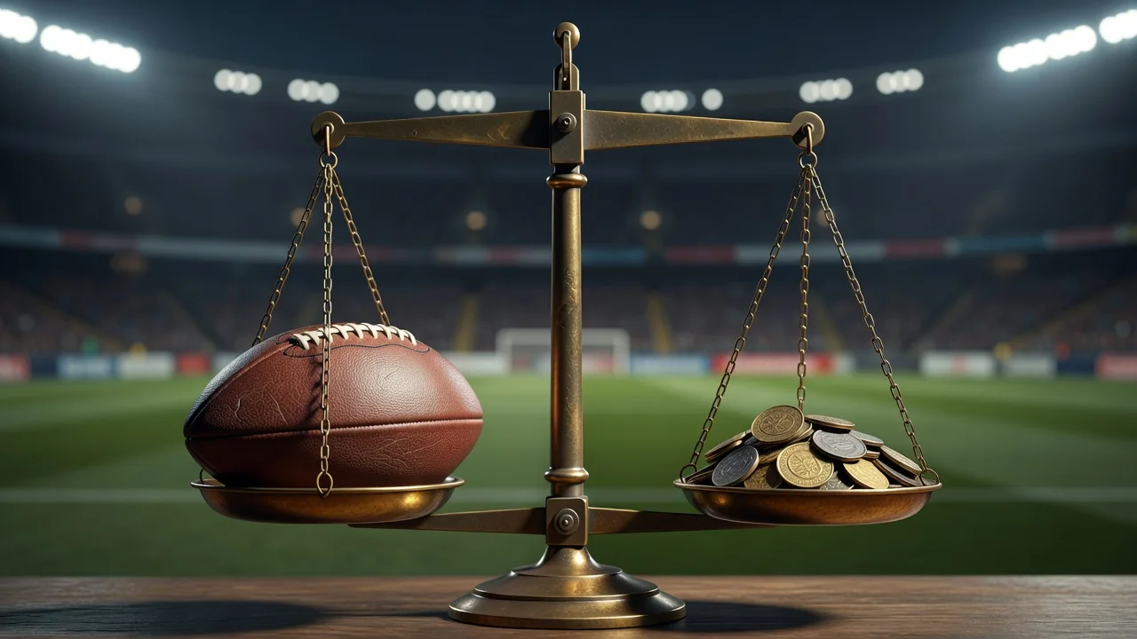 Old-fashioned scales balancing a football against coins