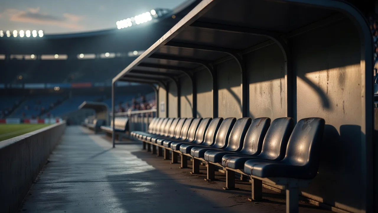 Manager dugout seats in evening light before a match