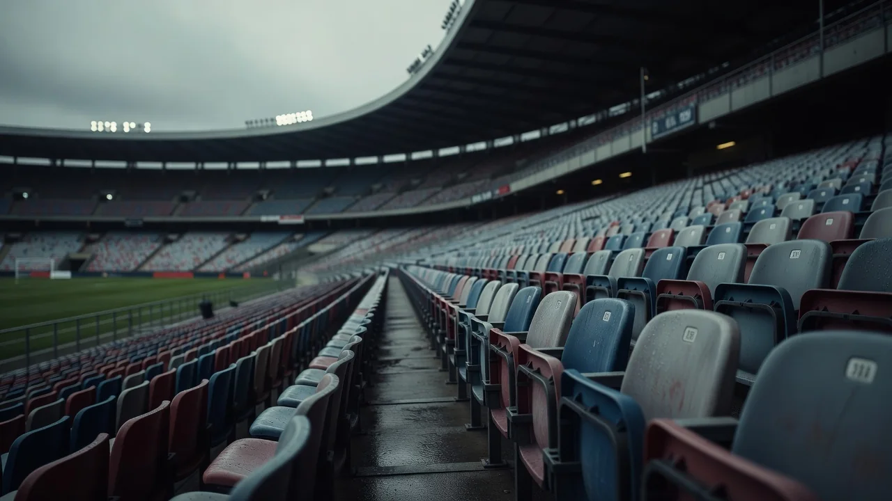 Empty stadium seats under grey skies before a postponed match