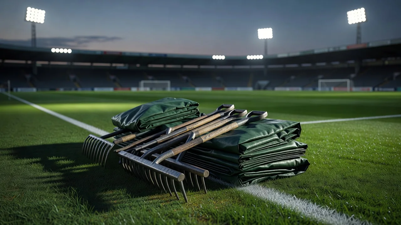 Groundsman tools and pitch covers stacked by the touchline