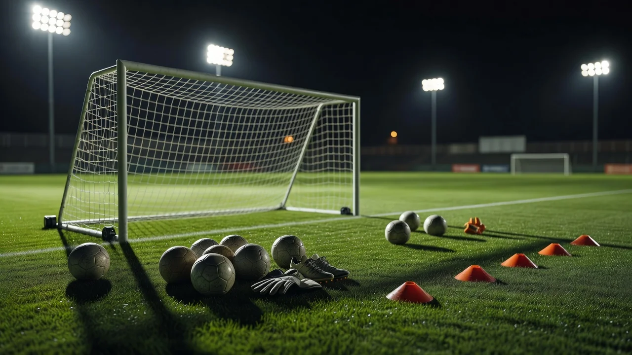 Goalkeeper training equipment and balls beside a practice goal