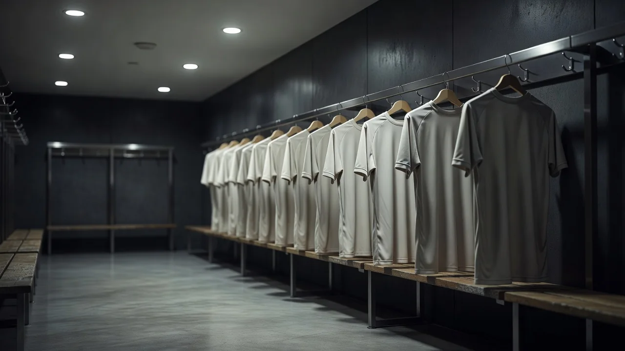 Row of blank football shirts hanging in a dressing room