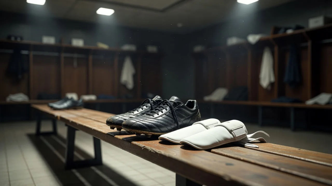 Boots and shin pads laid out on a dressing room bench
