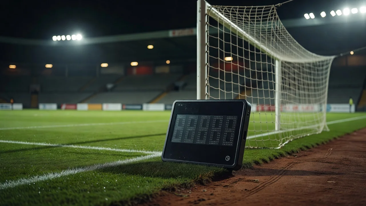 Fourth official board leaning against a goalpost on the touchline