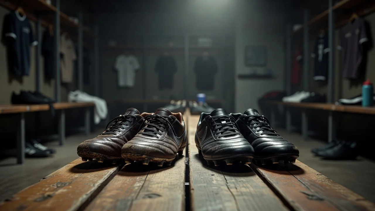 Two pairs of boots side by side on a dressing room bench