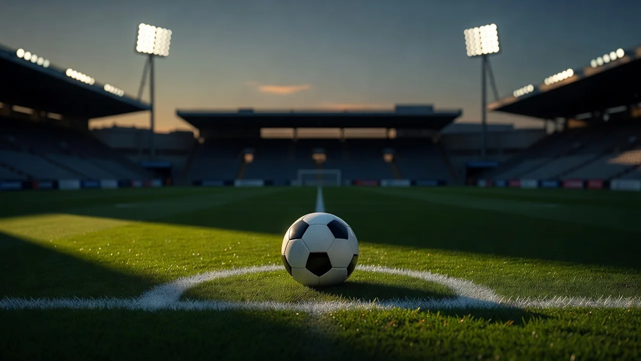 Football on a penalty spot in dramatic low evening light