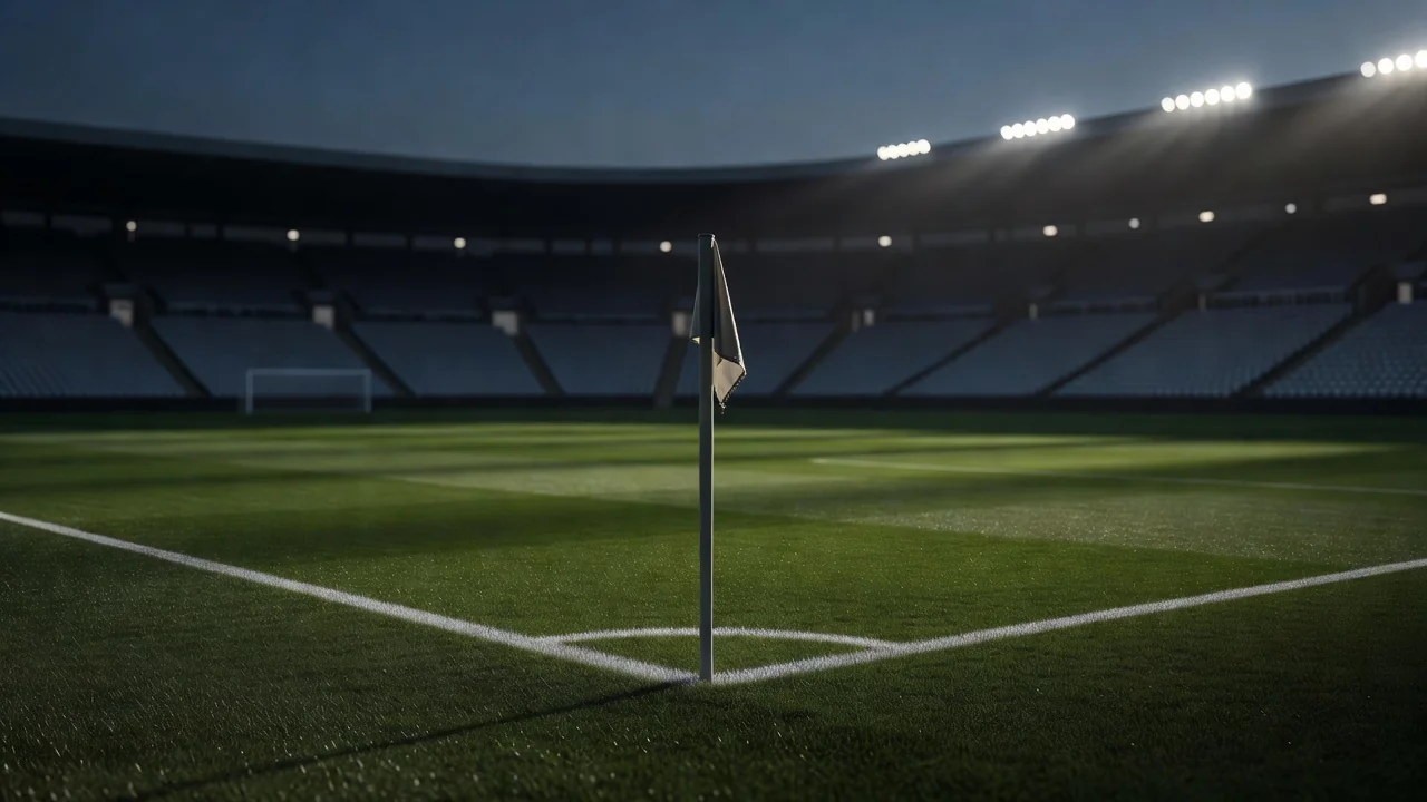 Corner of a pitch with flag and empty stands at dusk