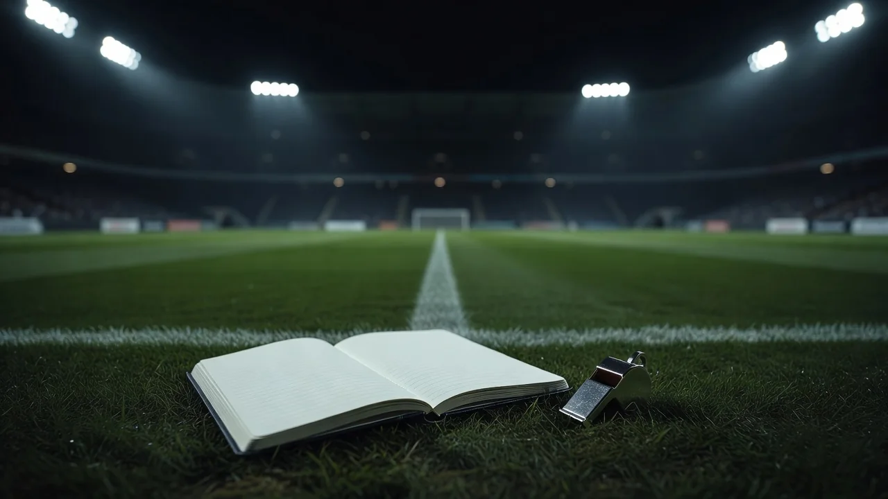 Manager notebook with blank pages and a whistle on the touchline