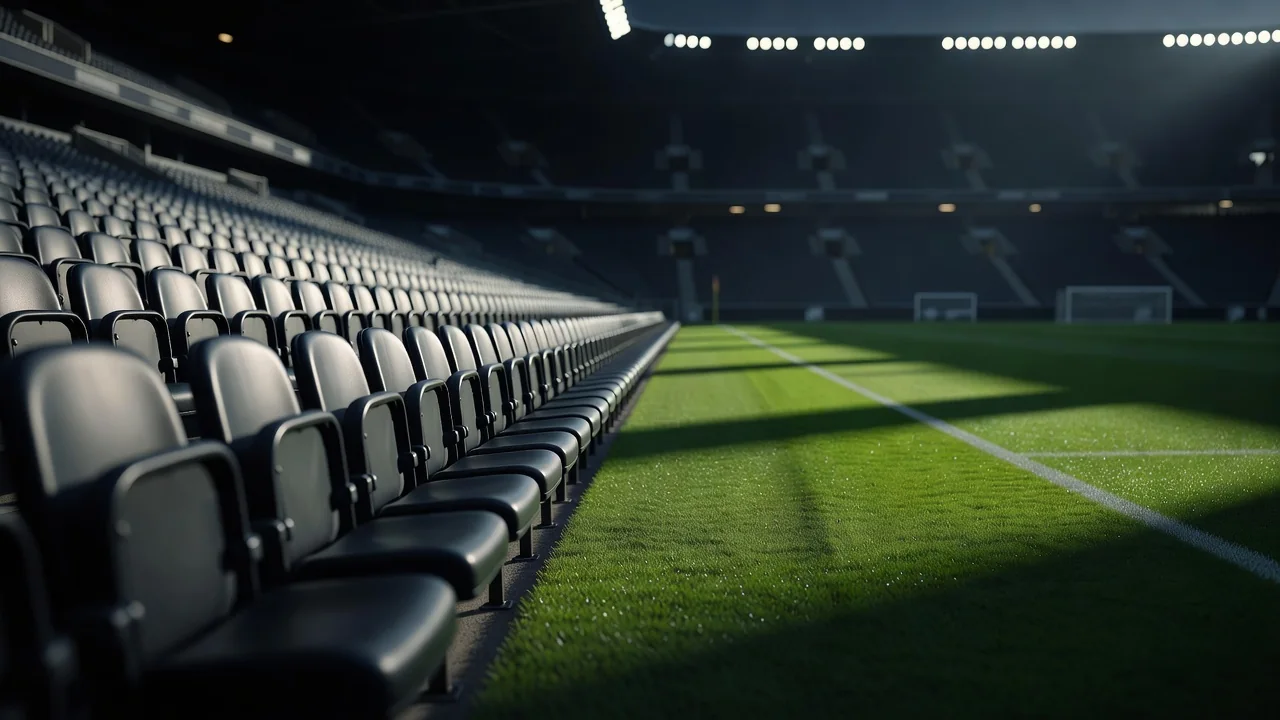 Press row of empty seats overlooking a pitch before a match