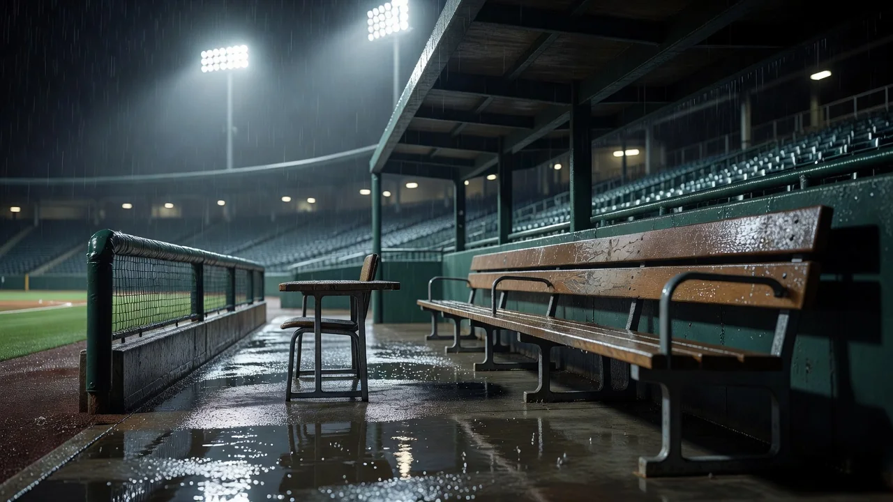 Empty dugout and manager bench in the rain before kick-off