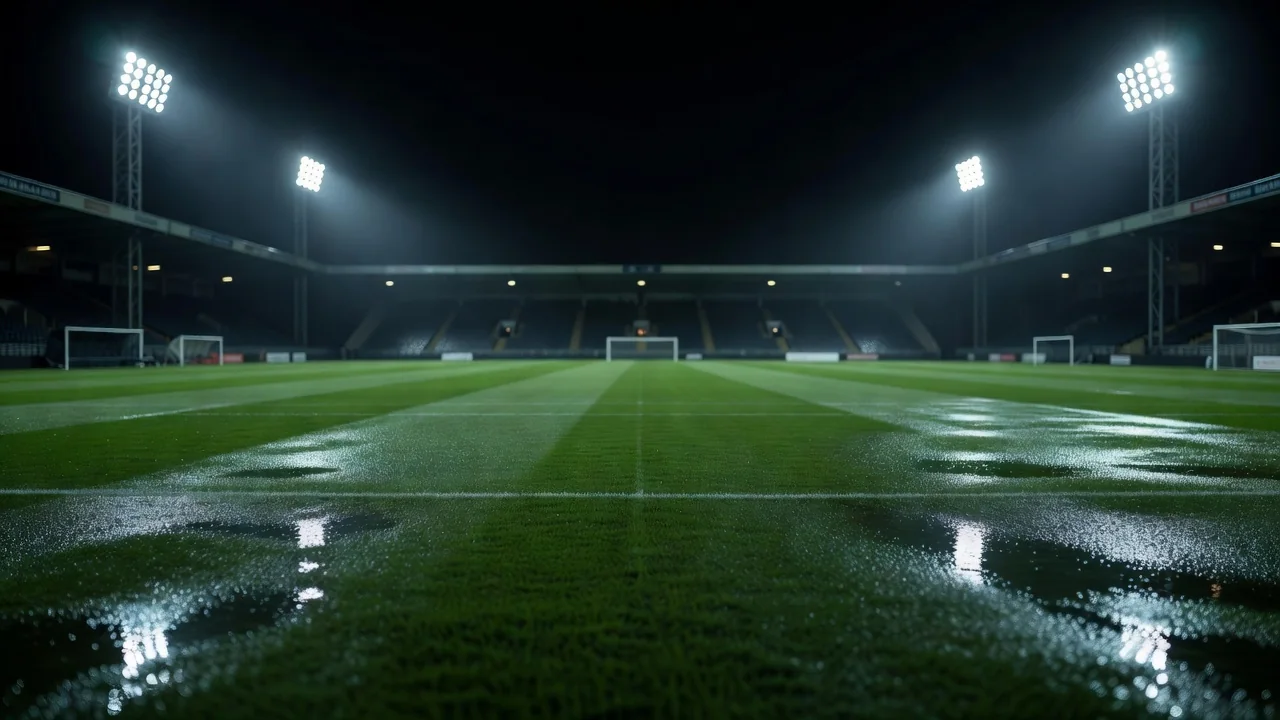 Floodlights over a wet empty pitch at night