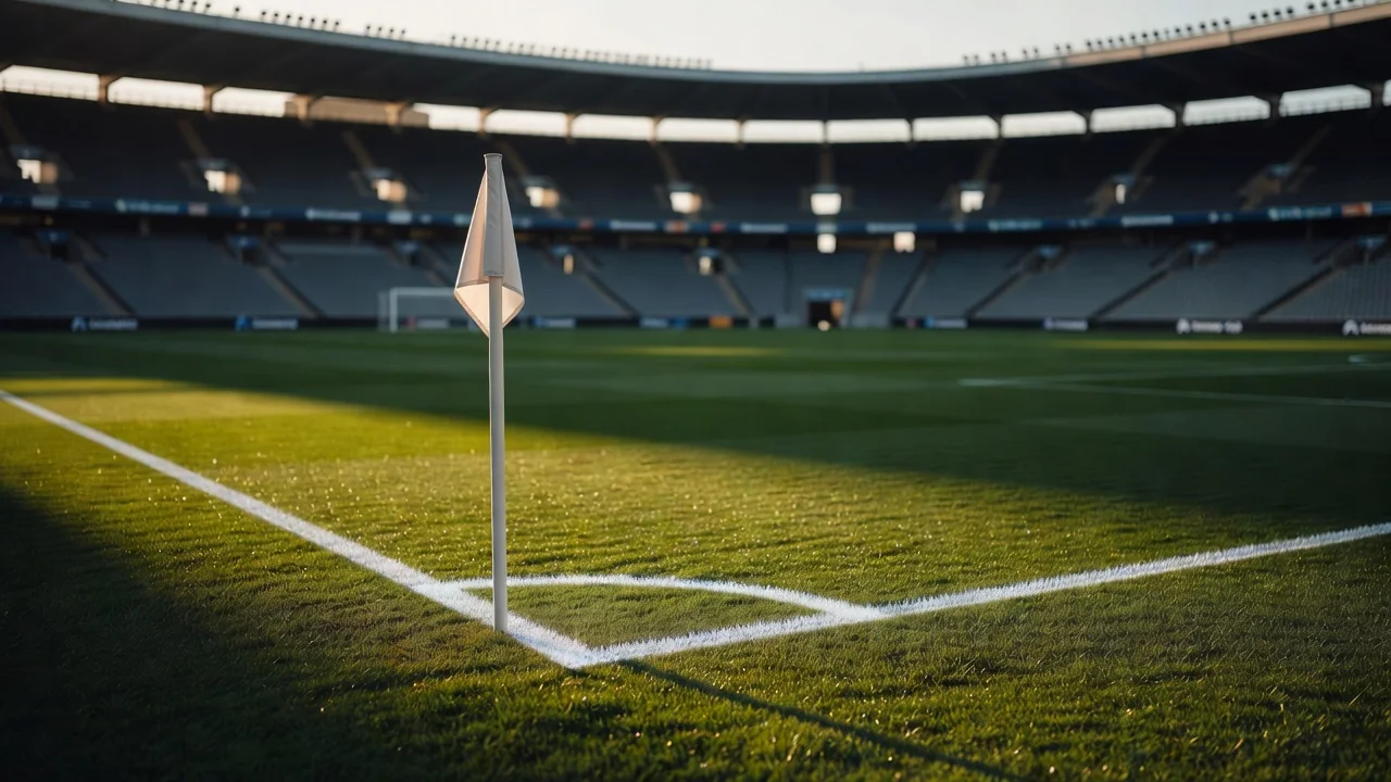 Corner flag and fresh touchline markings in morning sun