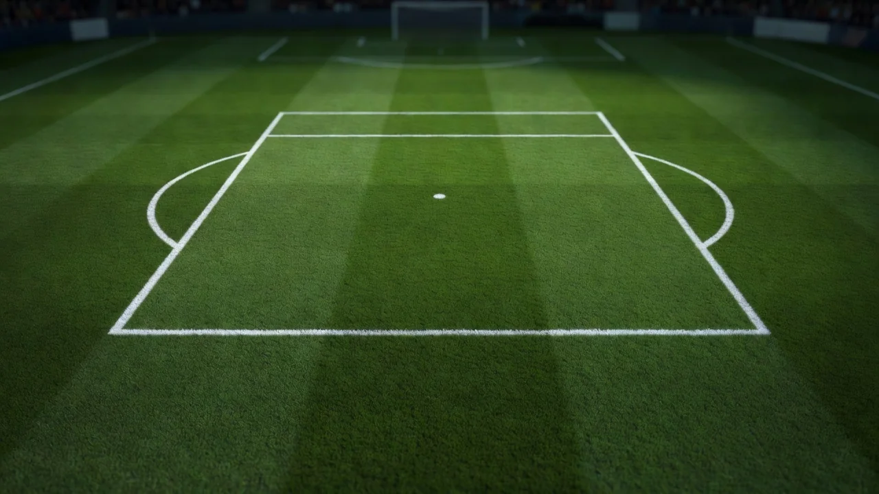 Aerial view of penalty area markings on a pristine pitch