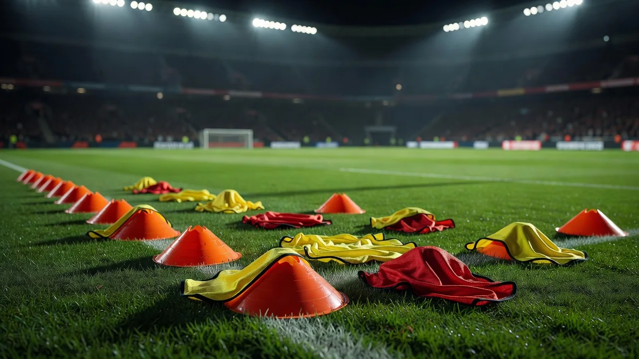 Substitutes warming up zone with bibs and cones at the touchline