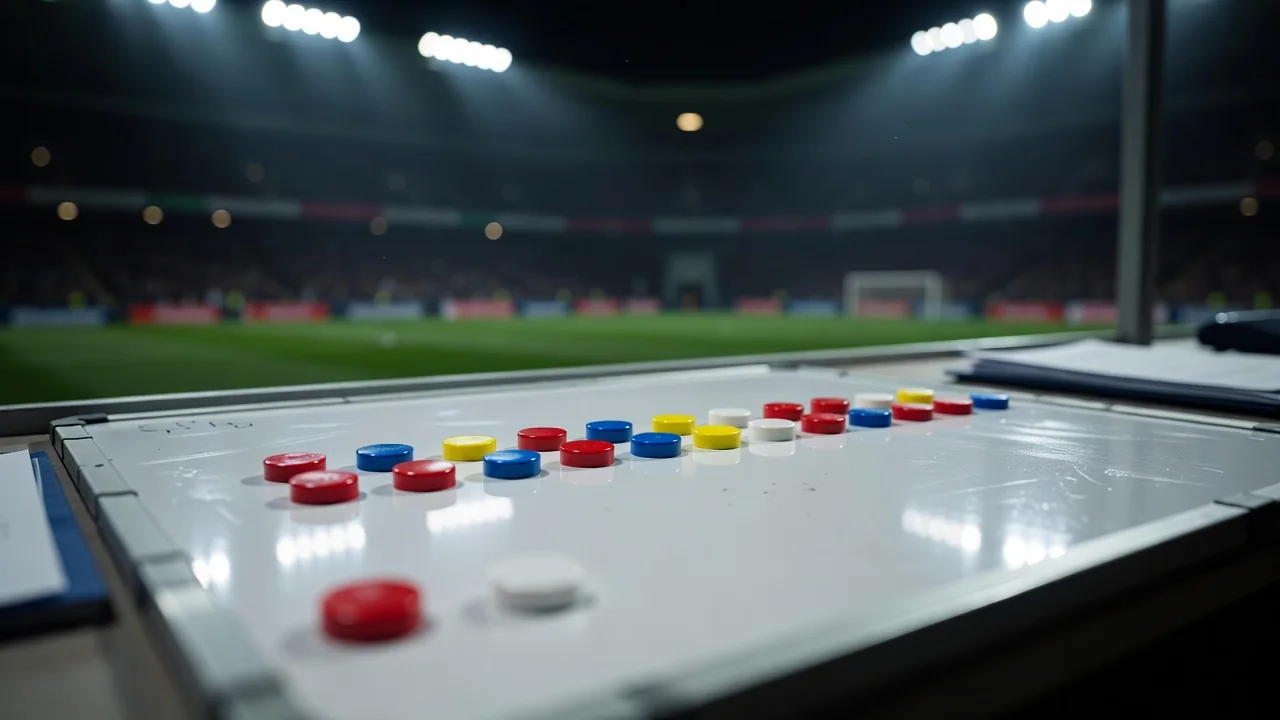 Coloured tactic magnets in a row on a manager whiteboard