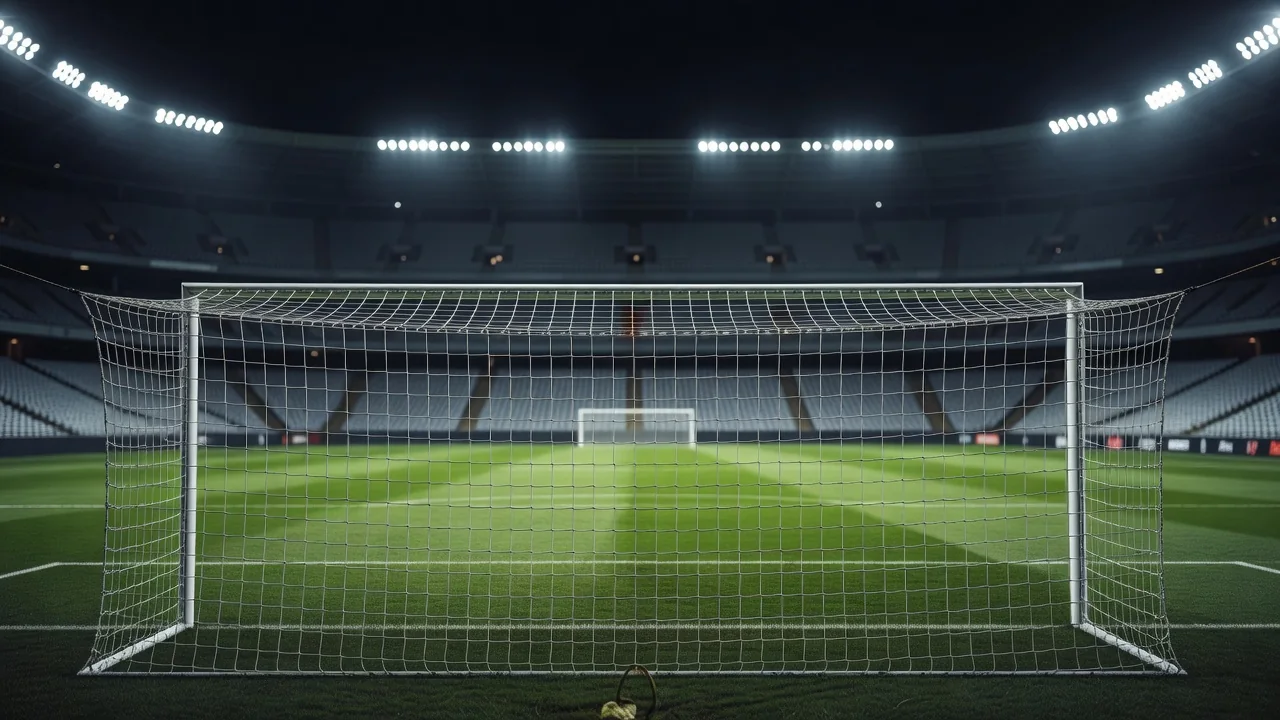 Goal net and crossbar shot from behind in an empty stadium