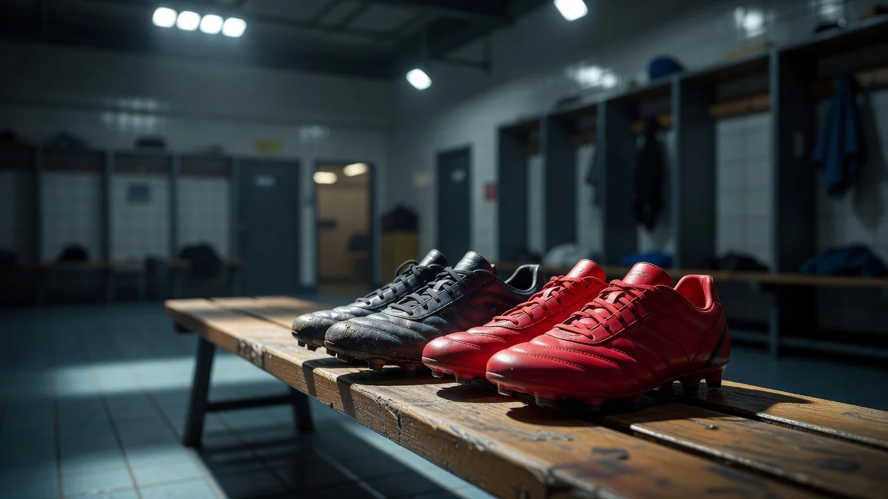 Two pairs of football boots side by side on a dressing room bench