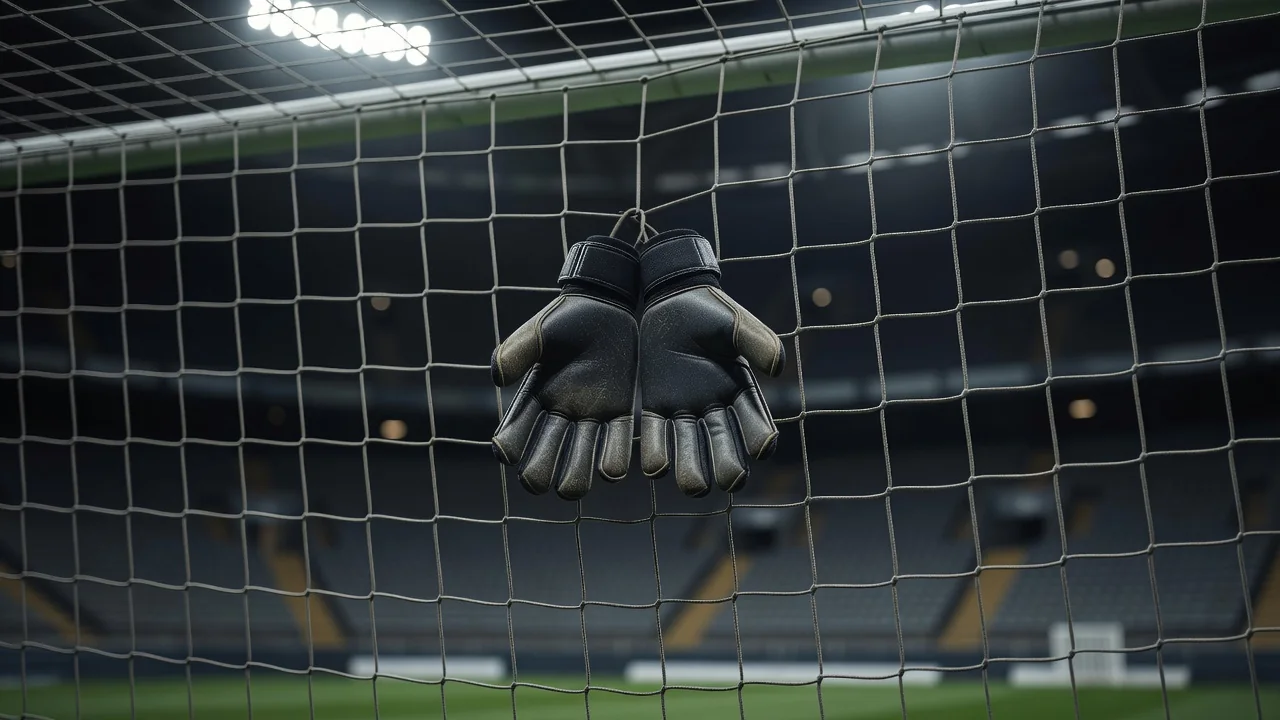 Goalkeeper gloves hanging on a goal net in soft light