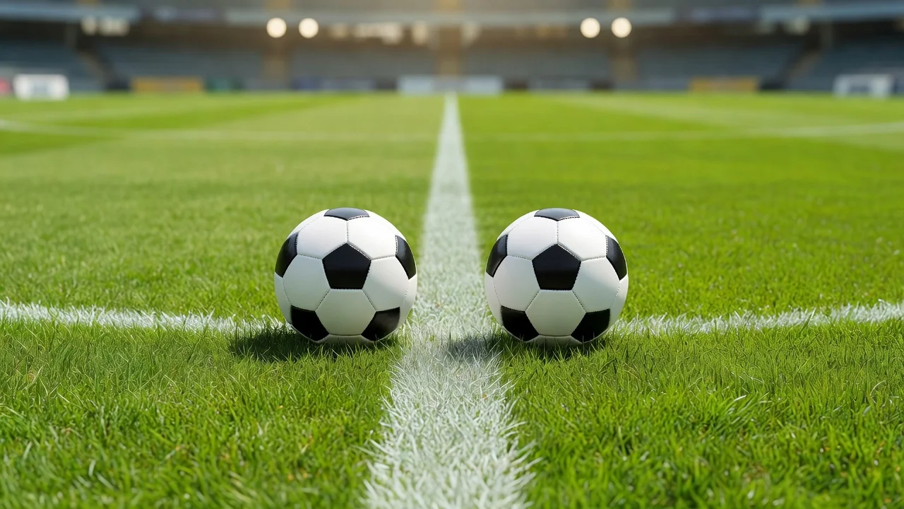 Two footballs side by side on the centre circle under floodlights