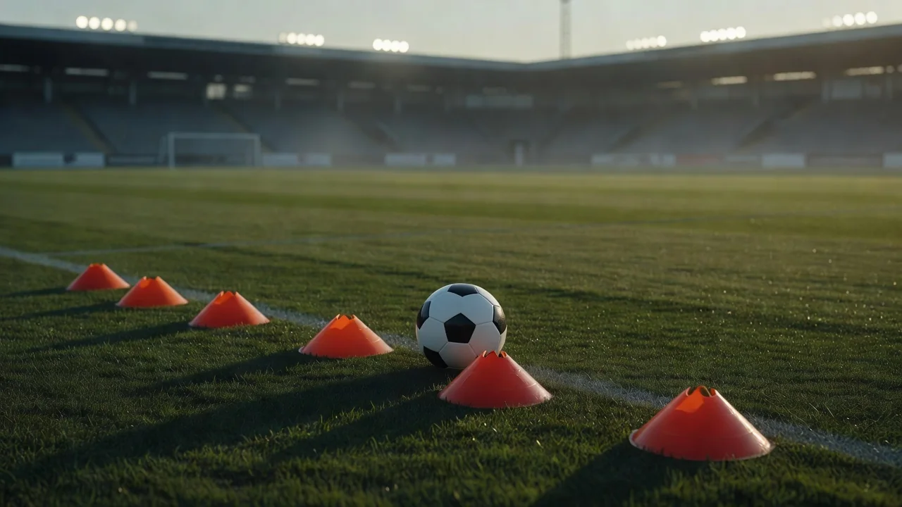 Training cones and a ball on an empty morning training pitch