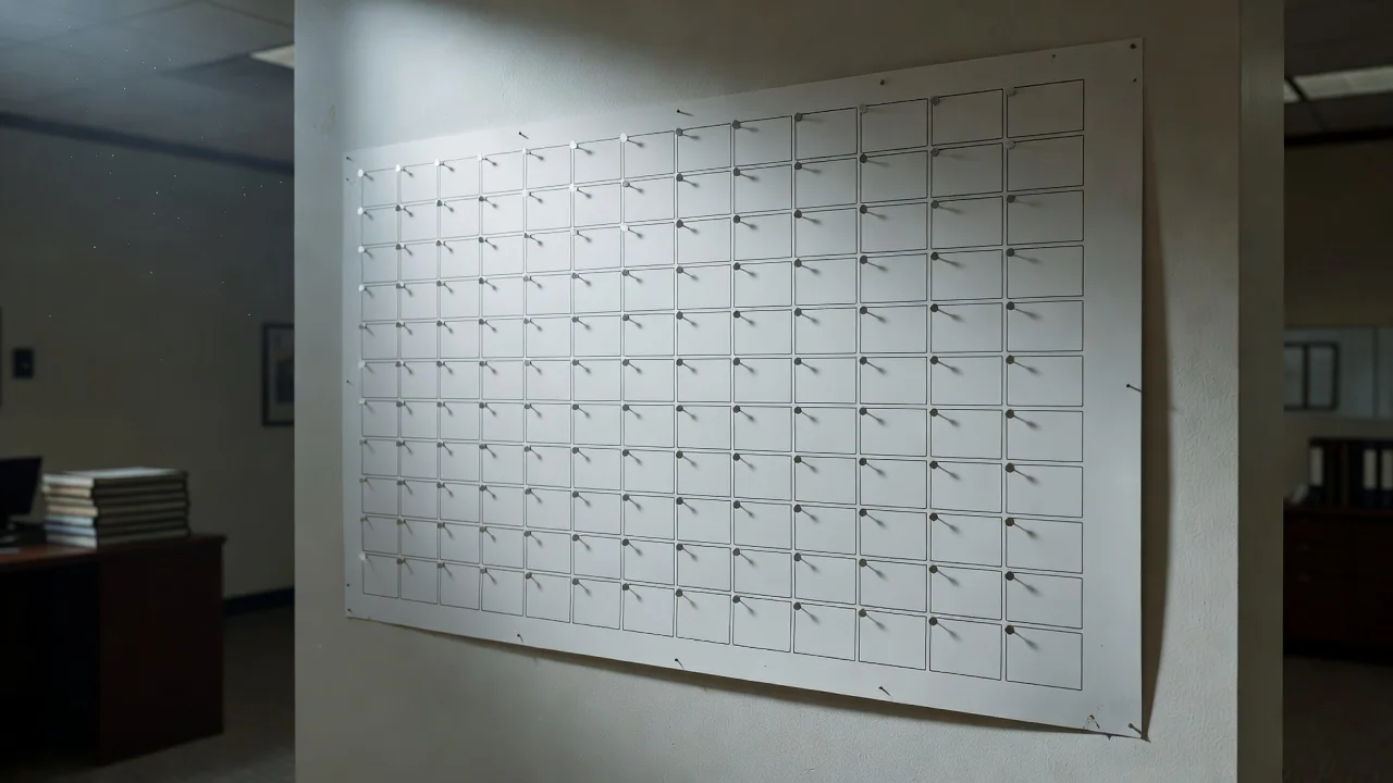 Wall planner with blank fixture grid and pins in a club office