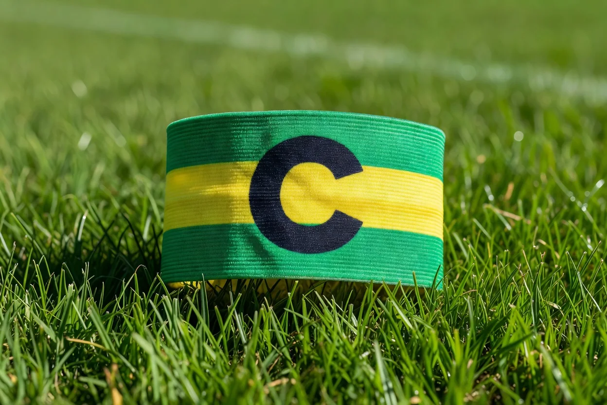 Purple captain's armband lying on dewy pitch grass at dawn