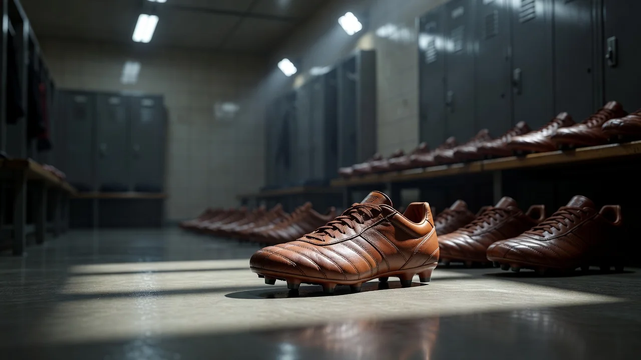 Single football boot standing apart from a row of boots in the dressing room