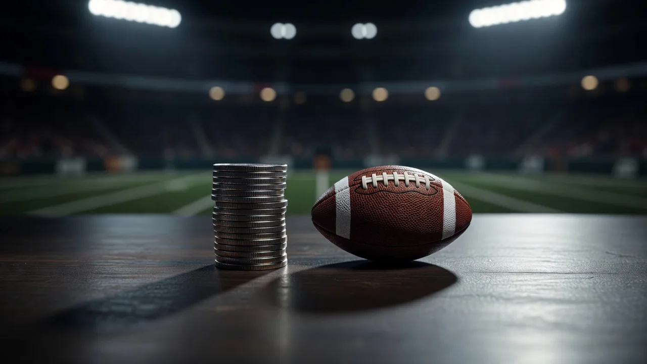 Coins stacked beside a miniature football on a dark table