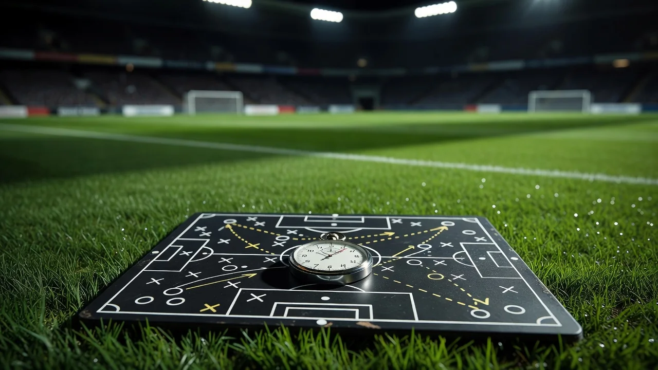 Stopwatch lying on a tactics board at the edge of a pitch