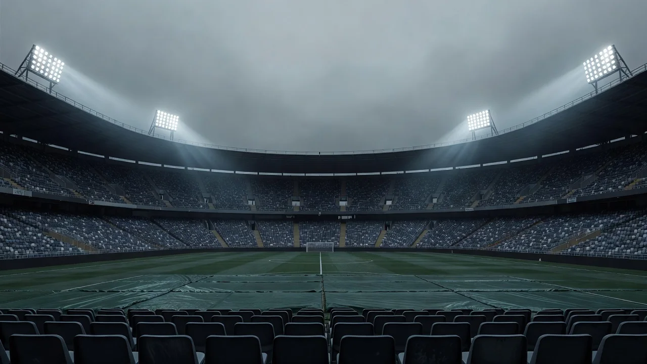 Empty stadium seats and covered pitch under grey skies
