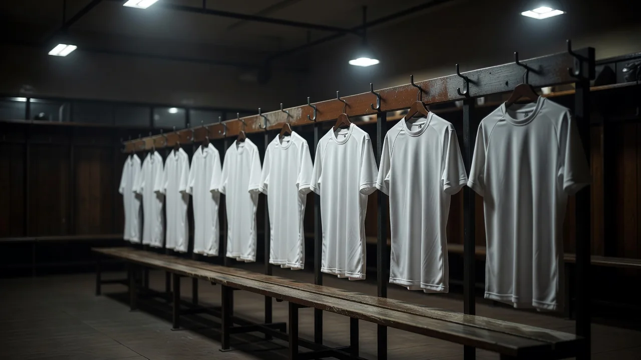 Row of blank football shirts hanging in a dressing room