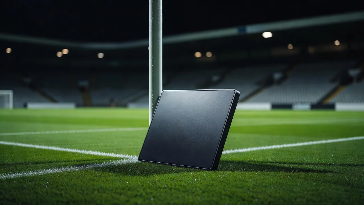 Fourth official board leaning against a goalpost on the touchline