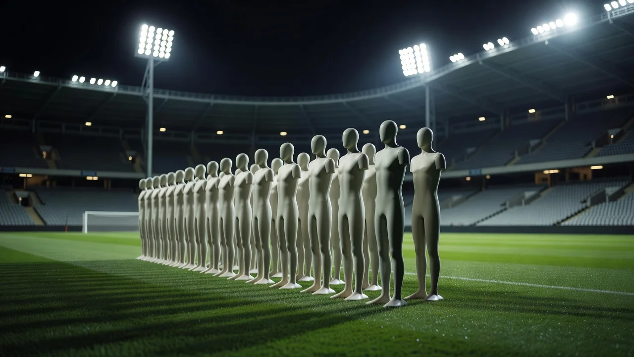 Defender wall of training mannequins lined up for a free kick drill